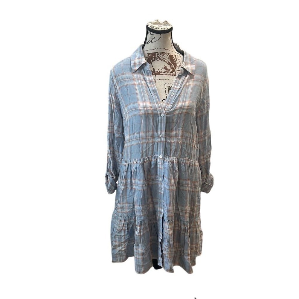 VERONICA BEARD Jeans Plaid Tiered Shirt Dress Blue Orange White Size 4